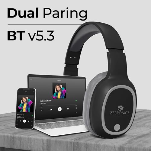 Image of Zebronics Wireless Headphones, Upto 60Hrs Playback, 40mm Drivers, BT v6.0, AUX, Micro SD, Media /Volume Control, Type-C Charging, Dual Pairing, Gaming Mode, Adjustable Headband (Thunder, Black)