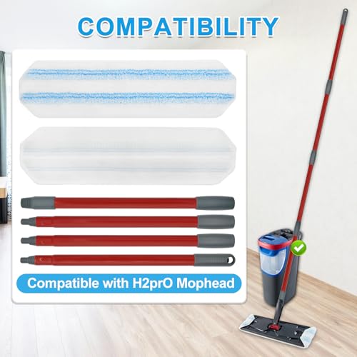 Image of Mop Replacement Pads for Ocedar H2prO Flat Mop System, Mop Handle Mop Refills for O-Cedar H2pro Flat Mop System, Include 4 Pack Mop Pads and 4-Section Mop Handle for Ocedar H2 Pro Mop
