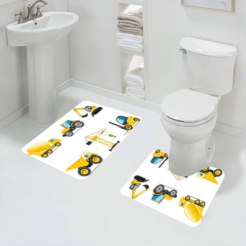 QRFASFZO Juego de Alfombrillas de baño, 2 Piezas,Antideslizantes,para baño y Inodoro,Maquinaria Pesada de Dibujos Animados, camión, grúa, Excavadora, mezcladora, estructu,Alfombra baño Secado rapido