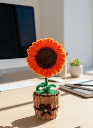 Image of Handmade Artificial Flower Pot for Home Decor | Cute Fuzzy Wire Pipe Cleaner Flower Plant | Aesthetic Tabletop Decorative Pot for Home, Office & Gifting (Soft Bloom :- Orange)