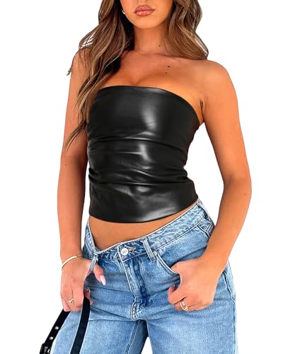 Coloquin Women Faux Leather Top Sexy Ruched Strapless...