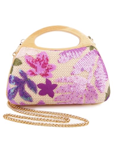 Image of Women Straw Sequin Embroidered Flower Evening Handbag Clutch Purse Wooden Handle for Beach Holiday Party, Purple(random Pattern)