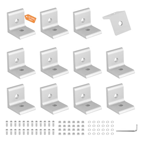 SUPAWAY Set di 12 Connettori Angolari, Fissaggio per Profilati in Alluminio 40x40, 40x80 Scanalatura 8 Angolari con Vite e Chiave Allen per Profilati in Alluminio, Rinforzi, Fai da Te (Argento - 4040)