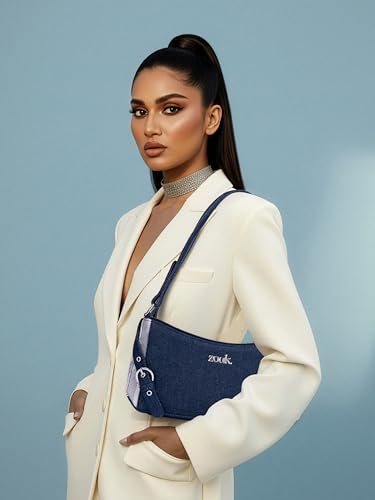 Image of ZOUK Lyra Small Shoulder Bag for Women - Denim & Printed Shoulder Bag with Water-Resistant Lining | Handcrafted Sling Bag with Multiple Pockets & Zip Closure for Daily & Weekend Use |