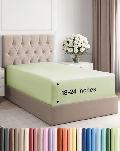 Image of Deep Twin XL Fitted Sheet - College Dorm Room Essentials - Light Sage Green | Easily Fits 18 inch to 24 inch Mattress, Wrinkle Resistant, Soft, Breathable & Comfy, Extra Deep Pockets Fitted Sheet