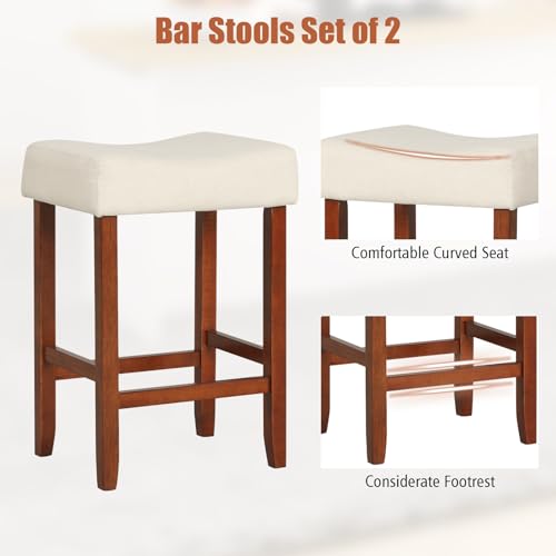Image of COSTWAY Wooden Saddle Stools Set of 2, 25-inch Backless Counter Height Chairs with Rubber Wood Frame, Footrest, Max Load 330 Lbs, Upholstered Bar Stools for Kitchen Island, Light Beige+Brown