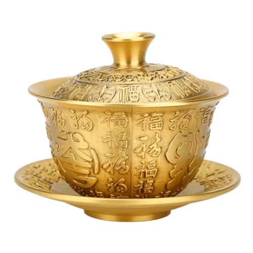 Juego de 3 Tazas de té Chinas con Tapa y Platillo, Taza de té China de 300 Ml, Juego de Tazas de té de Latón, Taza de té Tradicional China de Kung Fu, Tazón de té Hecho a Mano