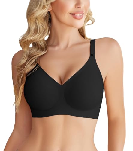 Avidlove Nahtloser BH mit Vollständiger Abdeckung für Damen, Kabellose Push-Up BHS mit Weicher Unterstützung V-Ausschnitt BH-Unterwäsche Schwarz M