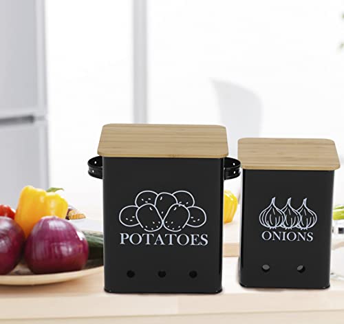 Image of Potato Onion Storage Bin, Kitchen Storage Canister Set of 2, Kitchen Pantry Organizer Tin - Vegetable Fresh Keeper with Aerating Tin Storage Holes & Wooden Lid (Black)