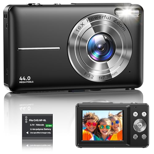 Image of Digital Camera, 1080P, 44MP, Compact Portable Camera, with 2.4 Inch LCD Display, 16 x Digital Zoom, 32G Micro Memory Card, 1 Battery for Teens and Students, Black