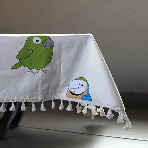 Image of LORETO - A QUALITY LINEN BRAND 100% Pure Cotton Rectangular Table Cover with Tassels (48x72 Inch) - Tablecloth for 6 Seater Dining Table, Multicolor Birds on Soft Beige