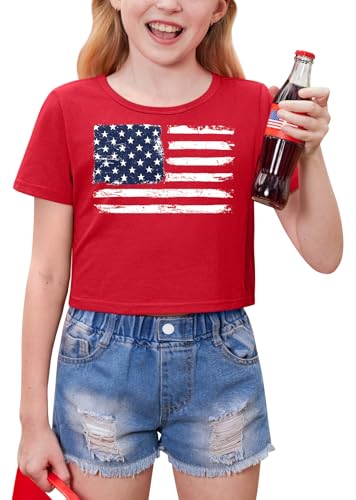 Image of BesserBay Kids Girls 4th of July Crop Tops American Flag Red White Blue Patriotic Bows USA Flag T-Shirts 6-14 Years