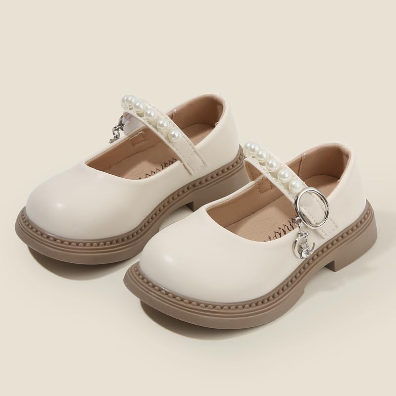 Girls Mary Jane Dress Shoes, Pearl Strap, White Patent Leather, Brown Sole3