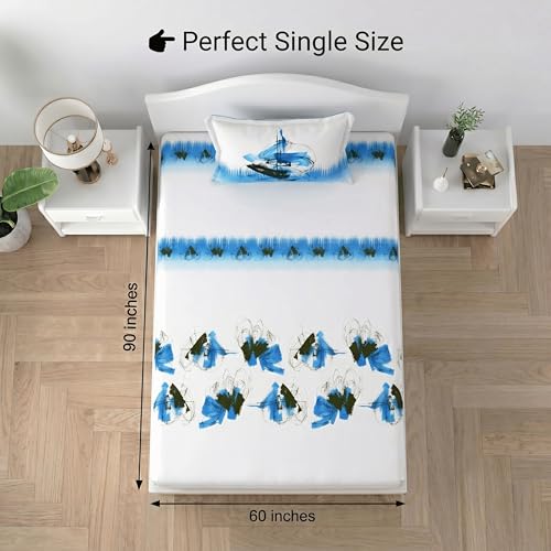 Image of Mafatlal Pure Cotton Single Bedsheet Combo Pack of 2 with Pillow Covers | Soft Breathable Bed Sheets for Summer | Floral Bedding Set | White Blue & Brown