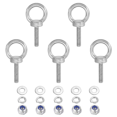 PATIKIL M6 x 25mm Lifting Shoulder Eye Bolt, 5Pcs 304 Stainless Steel Lifting Ring Threaded Eyebolt with Nuts Washers for Hanging Hammocks Articles