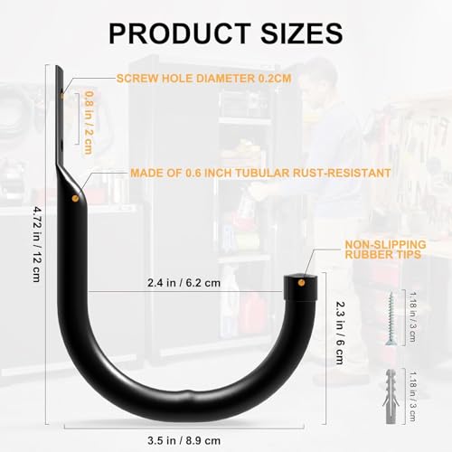 AinDen Wandhaken für Garage, 9er-Set J-Haken, Robuste Haken für Leitern und schwere Lasten (9 Stück, 12 cm x 8,9 cm)