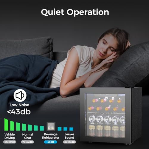 Kndko Mini Beverage Refrigerator - 48 Can Mini Fridge with Digital Temperature Control, LED Light, Reversible Door, Perfect for Home, Office, Bar, and Game Room - 1.3 Cu.Ft, Black