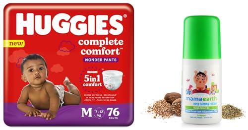 Image of Huggies Wonder Pants Medium Size Diapers, 76 Count & Mamaearth Easy Tummy Roll On Oil for Colic & Gas Relief with Hing & Fennel Oil, 40ml (For external use)
