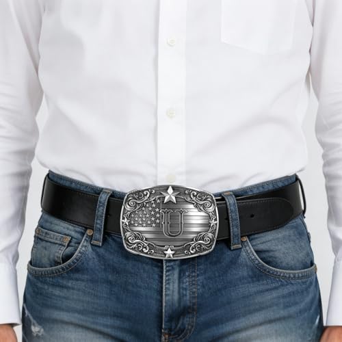 Image of Western Belt Buckle for Men Vintage Cowboy Rodeo Texas Initial Letter ABCDJMR to Z Belt Buckles