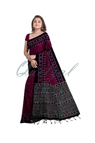 Image of Quetzal Women's Magenta Pure Cotton Sambalpuri Batik Print Saree with Unstitched Blouse - Lightweight Comfortable Saree for Daily & Office Wear