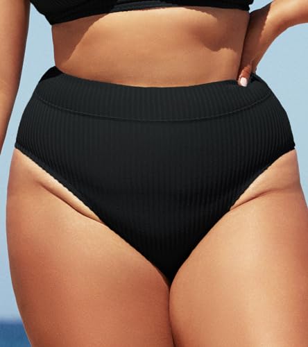 CUPSHE Women Swimsuit Plus Size Bikini Bottom High Waisted Ribbed Texture Modest Widen Band Bathing Suit3