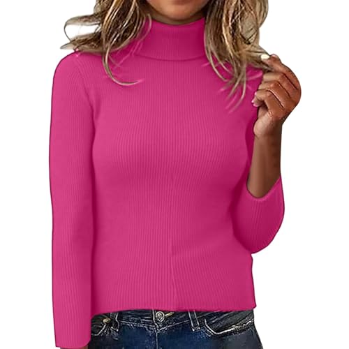 Generisch Jersey de cuello alto para mujer, corte estrecho, manga larga, suave, cálido, informal, invierno, Rosa intenso., XL