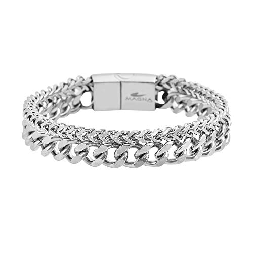 Magna Steel Mens Stainless Steel Double Franco and Curban Chain Bracelet with Magnetic Closure (silver)