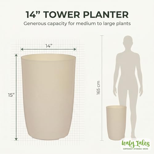 Image of Leafy Tales Modern Round Tower Planter for Home Decor 14 INCH, Highly Durable,Lightweight Indoor Outdoor Planter, Flower Pot Gamla, Pot for Balcony Garden, Vegetables, Flowers & Greenery