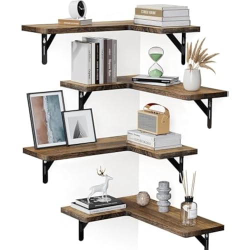 Amada Corner Floating Shelves, Paulownia Wood, Set of 4, Brown