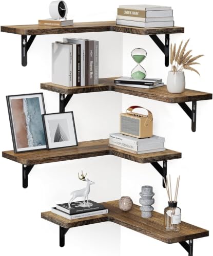 Amada Corner Floating Shelves, Paulownia Wood, Set of 4, Brown