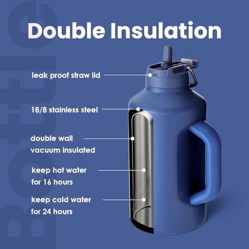 Stainless Steel Insulated Water Bottle 64 oz with Straw Gym and Sports Blue