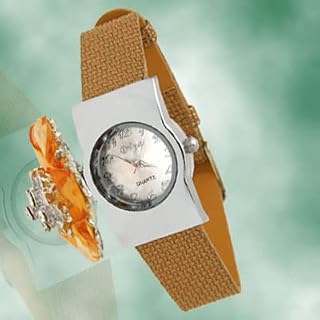 Qtqgoitem Orange Flower Watch Case Brown Faux Leather Watchband Wrist Watch (Model: 73f bdf 84d 937 321)