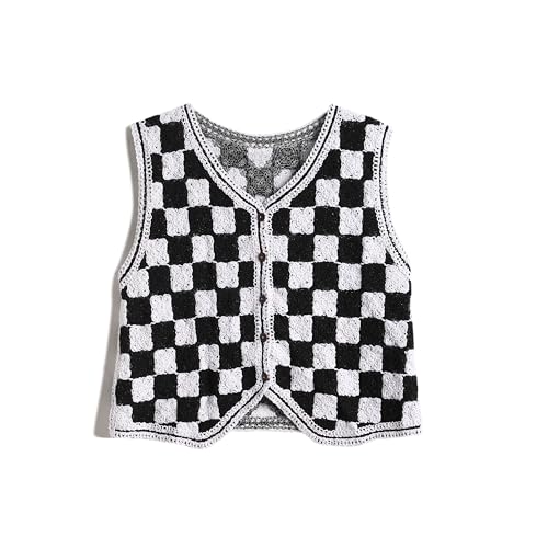 Women's Crop Crochet Vest Top Summer Button V Neck Embroidered Knit Sleeveless Sweater Vest