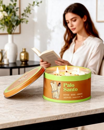 Image of AOOVOO Palo Santo Candle for Meditation & Cleansing - 3 Wick 12oz Scented Candle with White Crystals & Palo Santo Inside, Non-Toxic Soy Candle for Spiritual Healing, Aromatherapy Gift for Women & Men