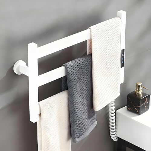 Toallero Eléctrico en Acero Inoxidable, Radiador Calefactor para Baño, Calentador de Toallas Impermeable con Temporizador y Pantalla LED de Temperatura Ajustables, 50x32,8cm, Bajo Consumo-White