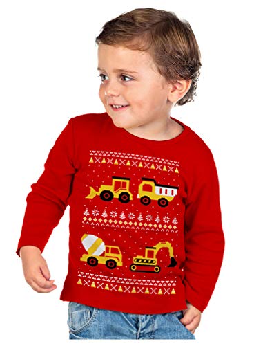 Tstars Construction Trucks Boys Ugly Christmas Sweater Style Holiday Xmas Youth Kids Long Sleeve T-Shirt