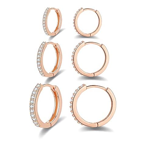 Silver Hoops Earrings for Women, Small Hoop Earrings with AAA Cubic Zirconia, Rose Gold Plated 3 Pairs Sleeper Cartilage Hoops Earrings Set for Women Girld, Size: 8, 10, 12mm Cover