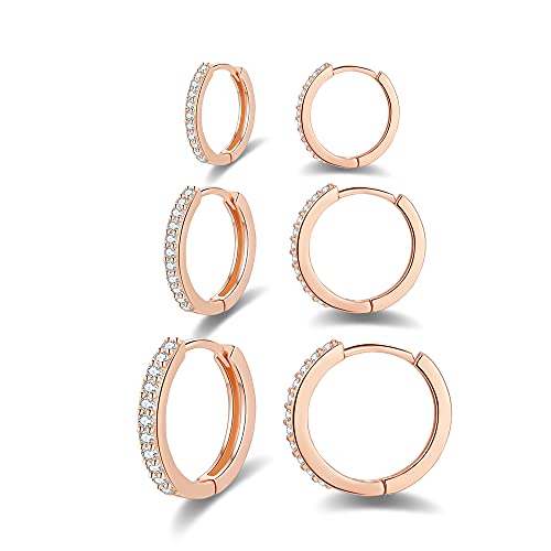 3 Paires Boucles d'oreilles Femme Créoles Petites en Argent Fin 925 Avec Zircone Cubique Plaqué Or Rose, Diamètre 8mm/10mm/12mm Cover