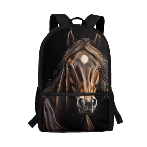 xixirimido Schulrucksack für Kinder, 43,2 cm, Büchertasche, Schultertasche, Rucksack, Pferd schwarz, Einheitsgröße