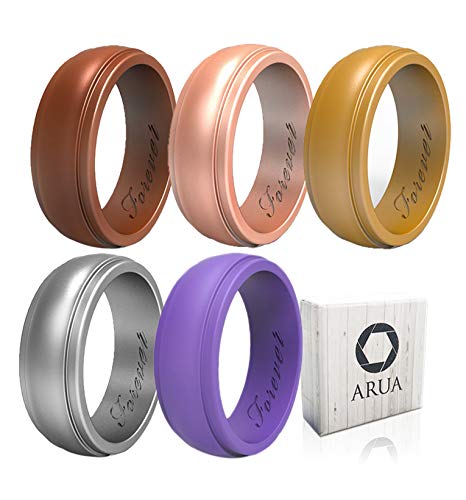 Arua Silicone Rings for Women. 5 Metallic Womens Wedding Bands. Gift Box Included. Comfortable Rubber Wedding Ring for Women. Bronze, Gold, Rose, Silver, Purple