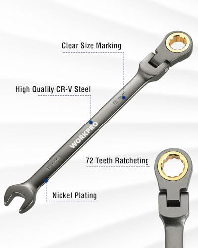 Image of WORKPRO 8 mm Flex-Head Ratcheting Combination Wrench, Nickel Plating
