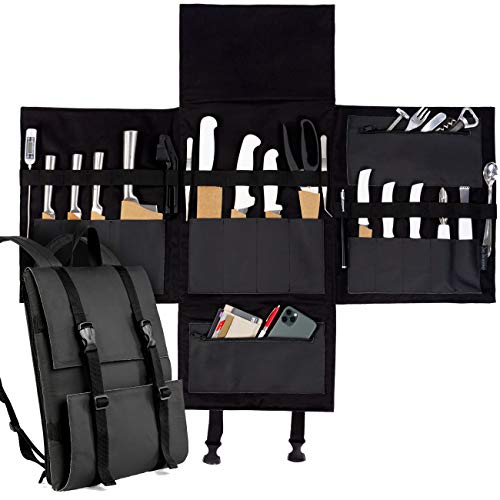 Under NY Sky Knife Bag - Black Real Leather - 13 Knife Slots, 2 Zipped Pockets for Kitchen Utensils, Large Pocket for Tablets & Notebooks - Expandable - Tool Storage Bag Style for Chefs, Cooks, BBQ Under NY Sky Knife Bag - Black Real Leather - 13 Knife Slots, 2 Zipped Pockets for Kitchen Utensils, Large Pocket for Tablets & Notebooks - Expandable - Tool Storage Bag Style for Chefs, Cooks, BBQ