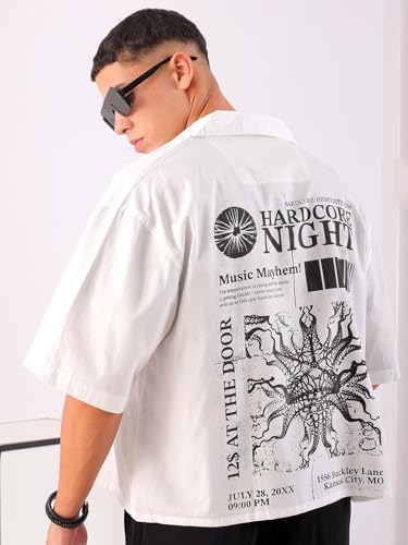 Image of The Indian Garage Co Men Boxy Fit Graphic Print Half Sleeves Cuban Collar Street Wear Cropped Shirt