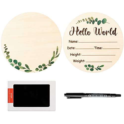 Image of R HORSE Baby Birth Announcement Sign with Marker Pen, Greenery Eucalyptus Baby Name Sign with Ink Pad for Hand and Footprints, Wooden Hello World Newborn Announcement Nursery Decor Keepsake Gifts