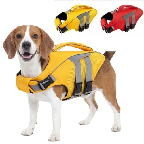 IECOii Dog Life Preserver for Pool, Lake and Paddle Boarding, Pet Safety Swim Vest Flotation Jacket with Handle, Reflective & Adjustable Dog Life Jacket with D-Ring, Yellow, Size L Yellow La