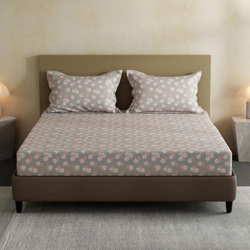 Image of Layers 100% Cotton Bedsheet for Double Size Bed | Lumina Floret Collection | 144 TC Soft & Breathable | Floral Print with 2 Pillow Covers | Wrinkle Free & Colorfast | 3 Piece Bedding Set - Grey