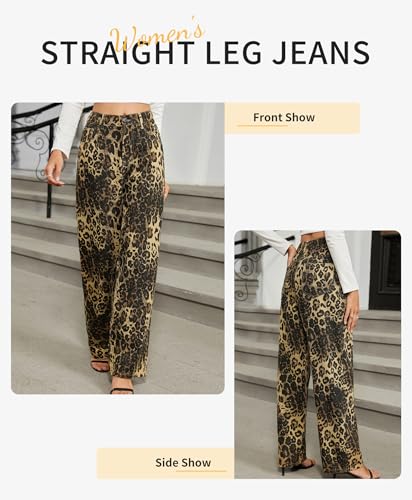 Womens Y2K Baggy Leopard Print Jeans–Elastic High Waisted Wide Leg Stretch Denim Pants, Straight Leg Jeans2