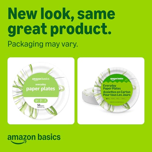 Image of Amazon Basics Everyday Paper Plates, 10 Inch, Disposable, 50 Count, Packaging May Vary