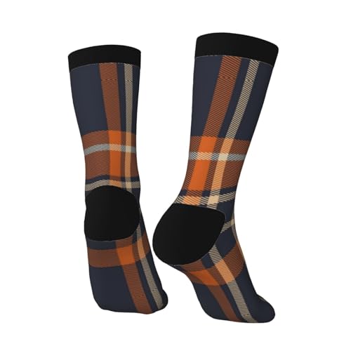 Navy Blue And Orange Plaid High Ankle Crew Socks Casual Mid Calf Dress Socks Long Tube Socks For Men Women3