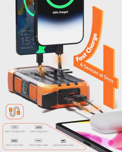 Solar Charger Power Bank 20000mAh with 3 Built-in Cables, 22.5W Fast Portable Phone Charger, External Battery Pack with USB-C in/Output & Flashlight for Outdoor Camping - Image 2